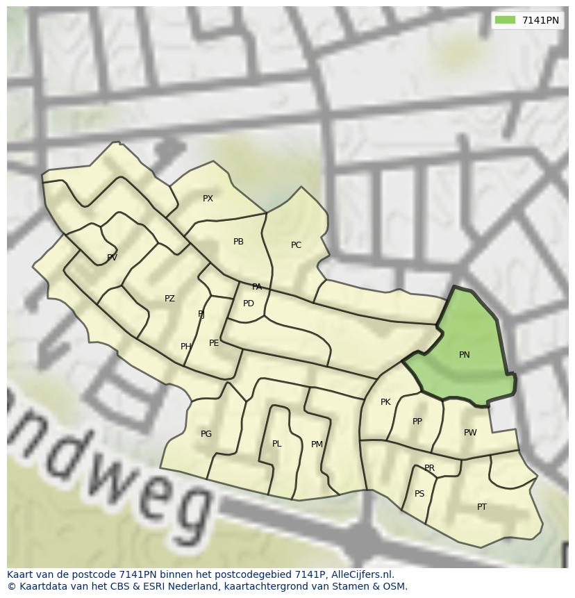 Afbeelding van het postcodegebied 7141 PN op de kaart.