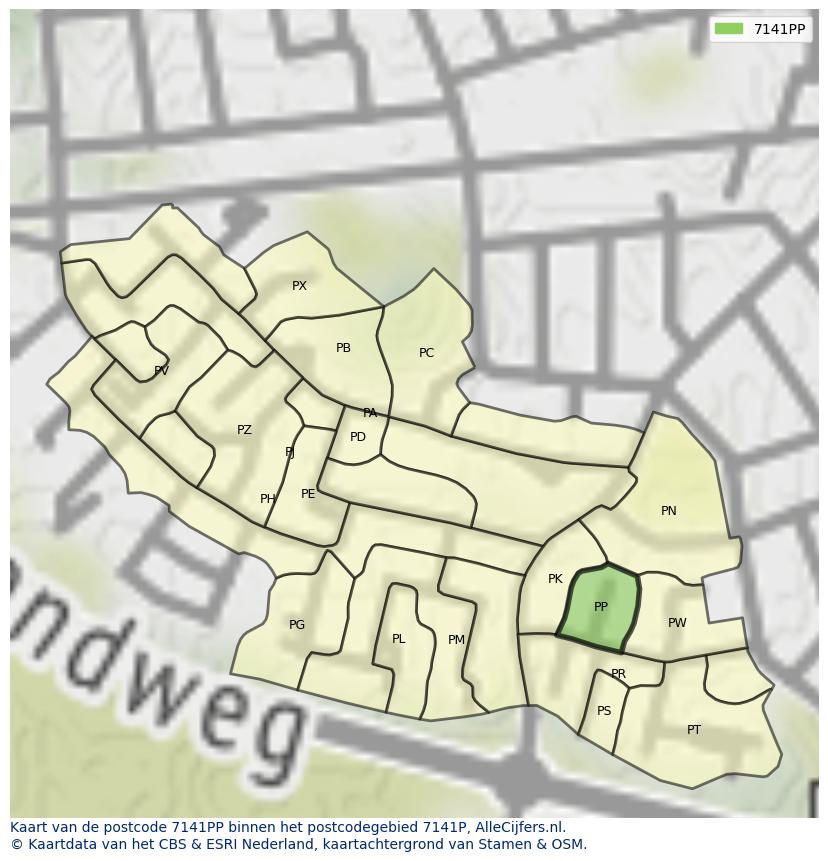 Afbeelding van het postcodegebied 7141 PP op de kaart.