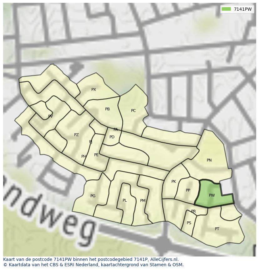 Afbeelding van het postcodegebied 7141 PW op de kaart.