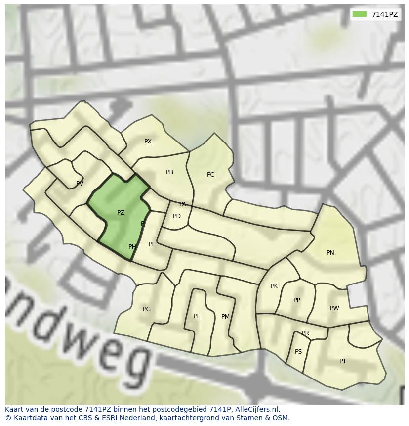 Afbeelding van het postcodegebied 7141 PZ op de kaart.