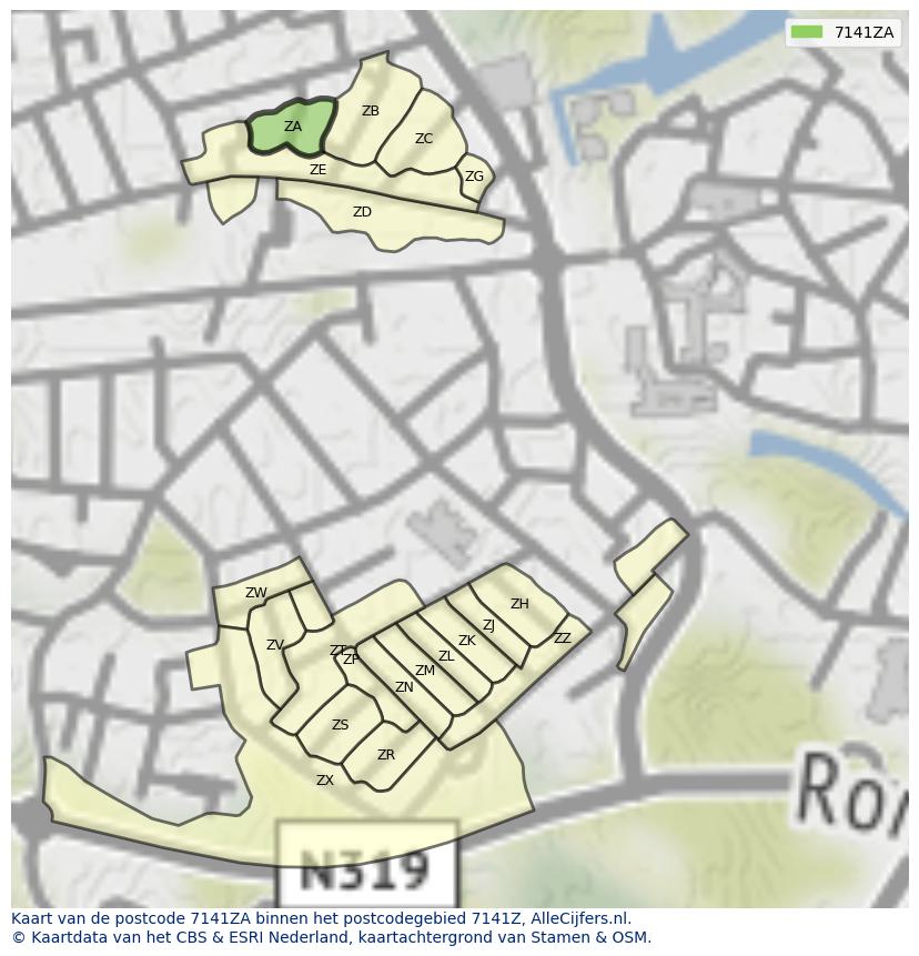 Afbeelding van het postcodegebied 7141 ZA op de kaart.