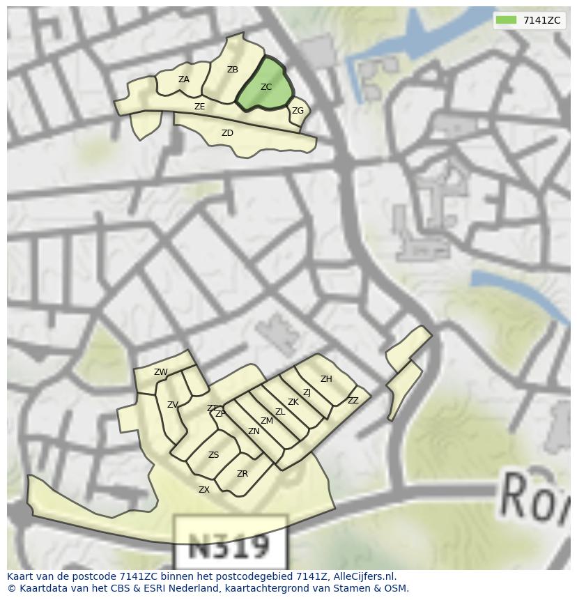 Afbeelding van het postcodegebied 7141 ZC op de kaart.