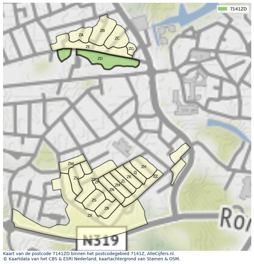 Afbeelding van het postcodegebied 7141 ZD op de kaart.