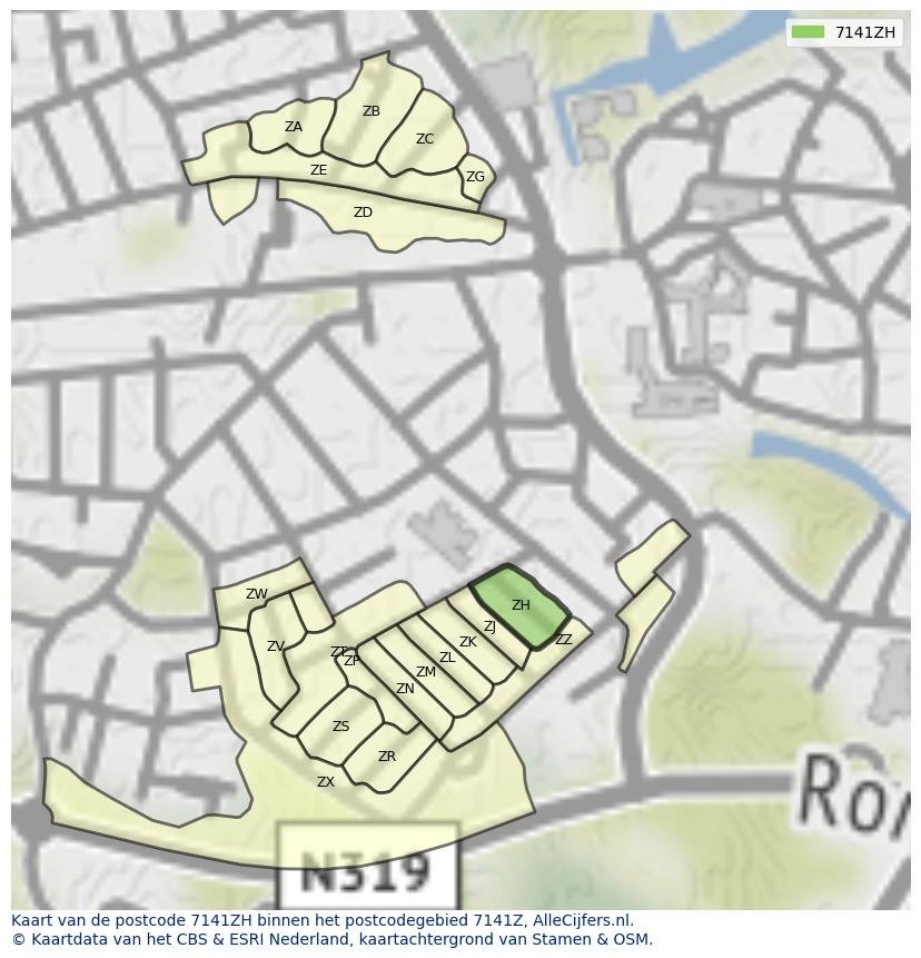 Afbeelding van het postcodegebied 7141 ZH op de kaart.