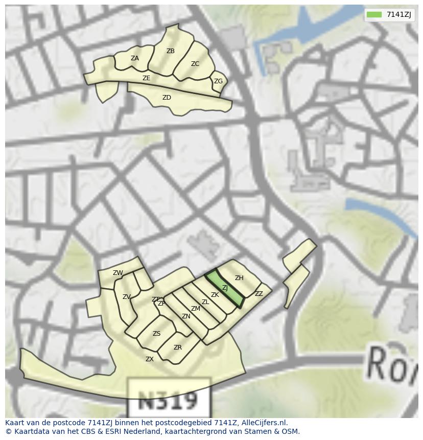 Afbeelding van het postcodegebied 7141 ZJ op de kaart.