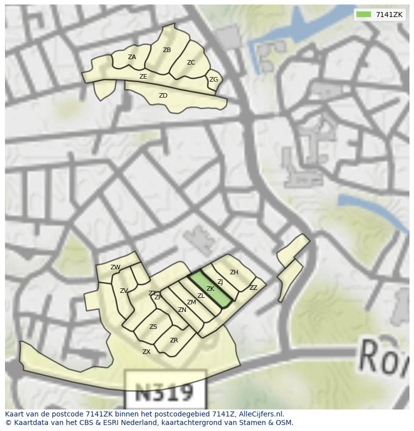 Afbeelding van het postcodegebied 7141 ZK op de kaart.