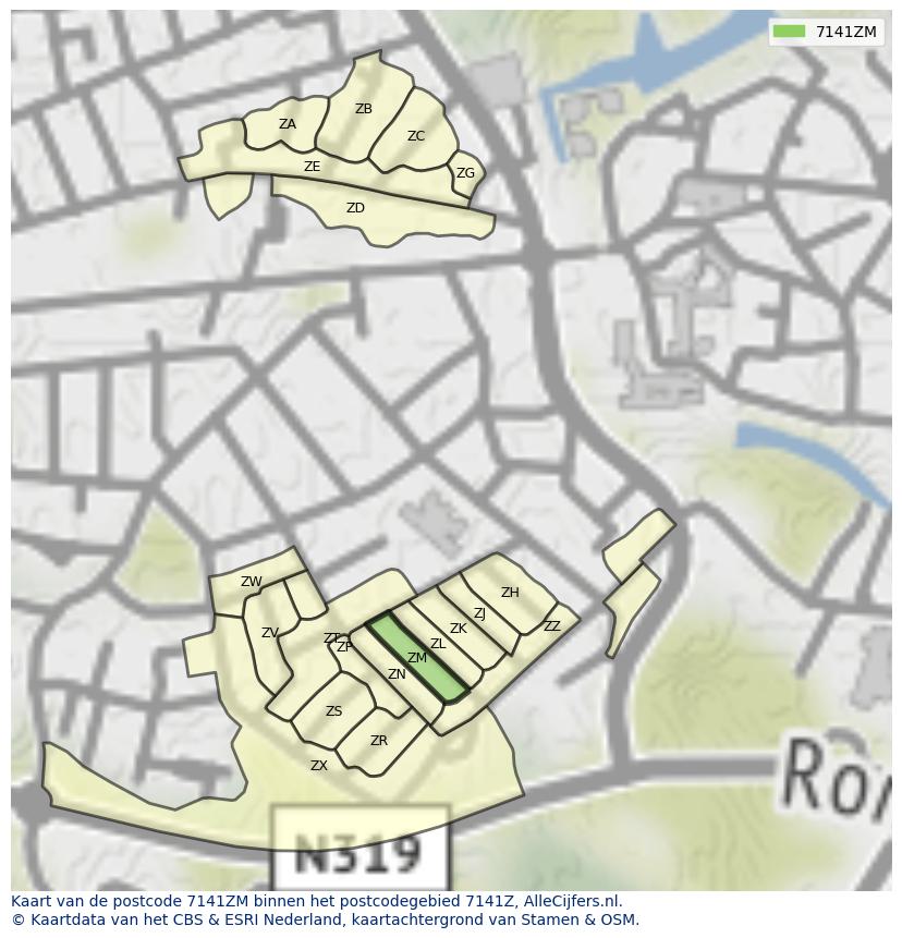 Afbeelding van het postcodegebied 7141 ZM op de kaart.