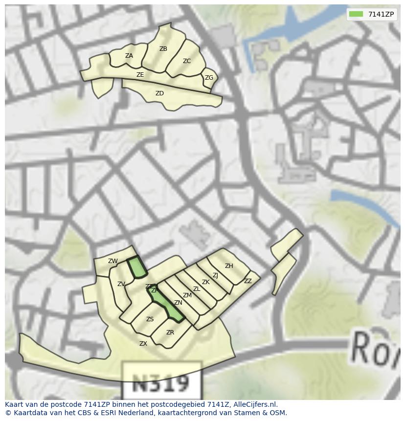 Afbeelding van het postcodegebied 7141 ZP op de kaart.