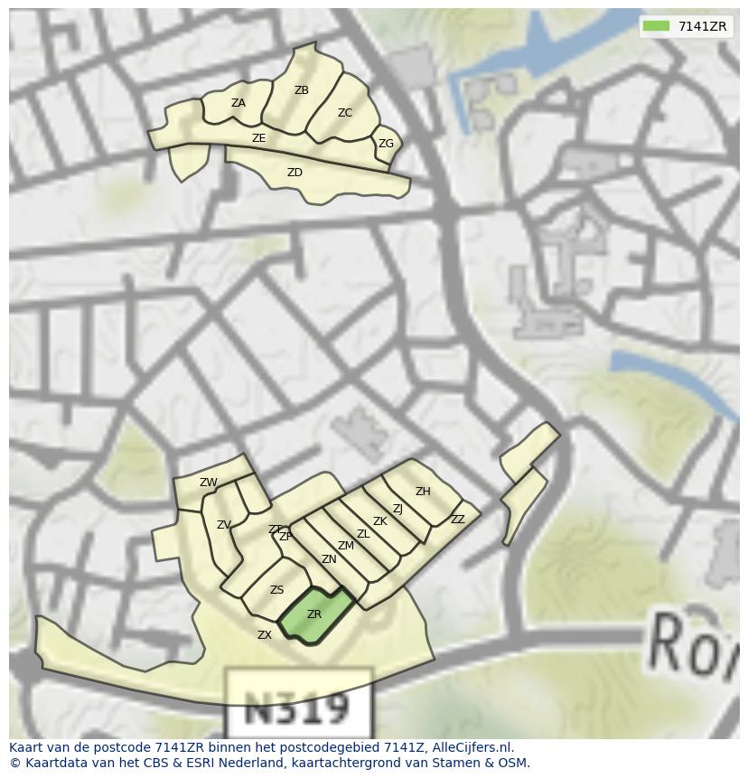 Afbeelding van het postcodegebied 7141 ZR op de kaart.
