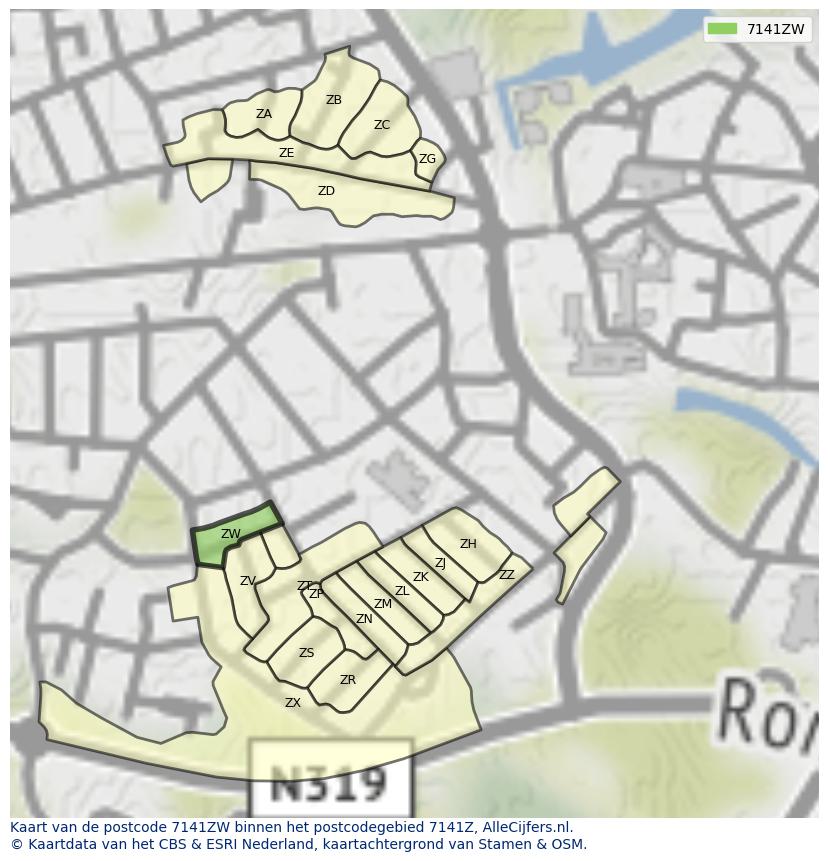 Afbeelding van het postcodegebied 7141 ZW op de kaart.