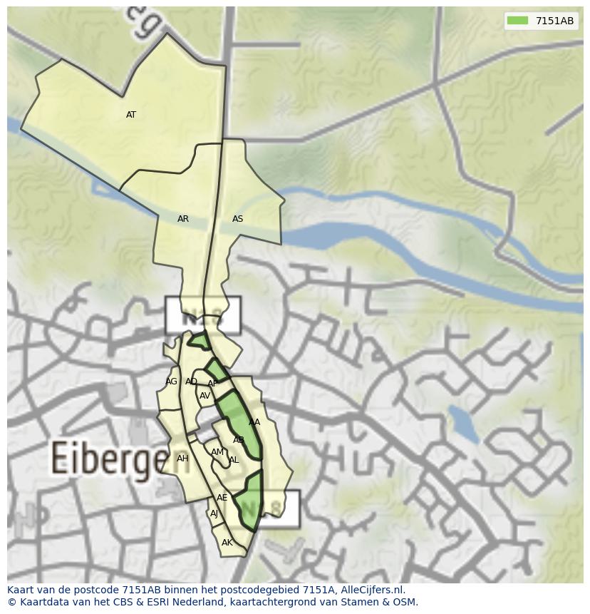 Afbeelding van het postcodegebied 7151 AB op de kaart.