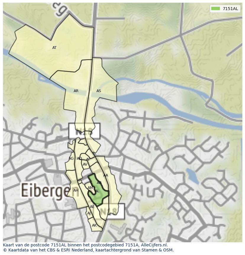 Afbeelding van het postcodegebied 7151 AL op de kaart.