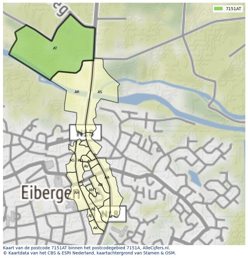 Afbeelding van het postcodegebied 7151 AT op de kaart.