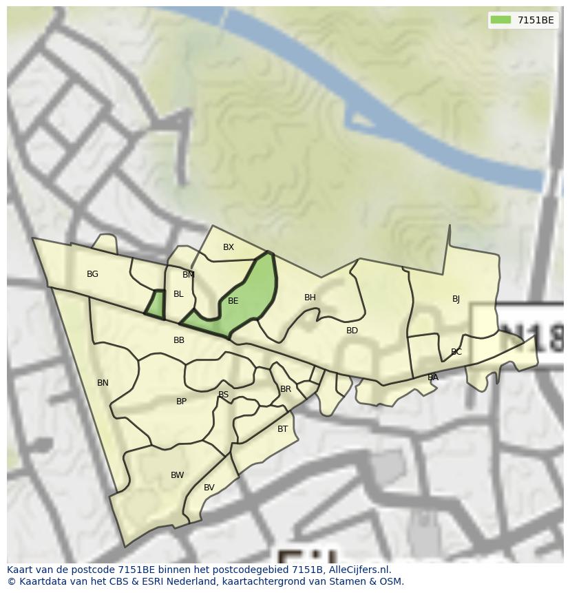 Afbeelding van het postcodegebied 7151 BE op de kaart.