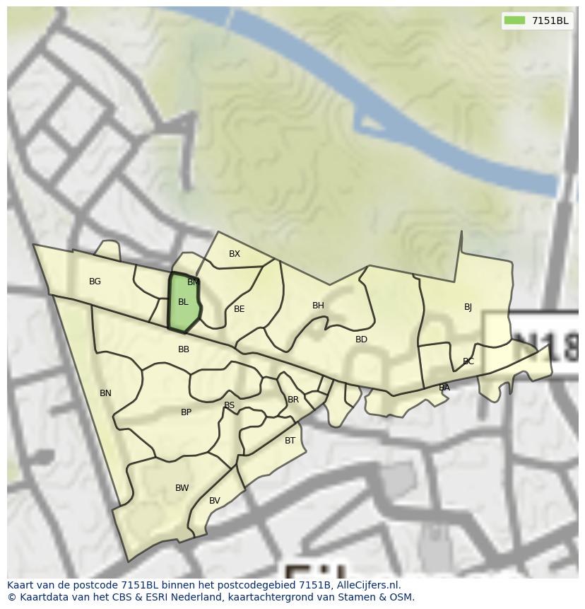 Afbeelding van het postcodegebied 7151 BL op de kaart.