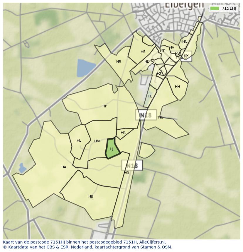 Afbeelding van het postcodegebied 7151 HJ op de kaart.