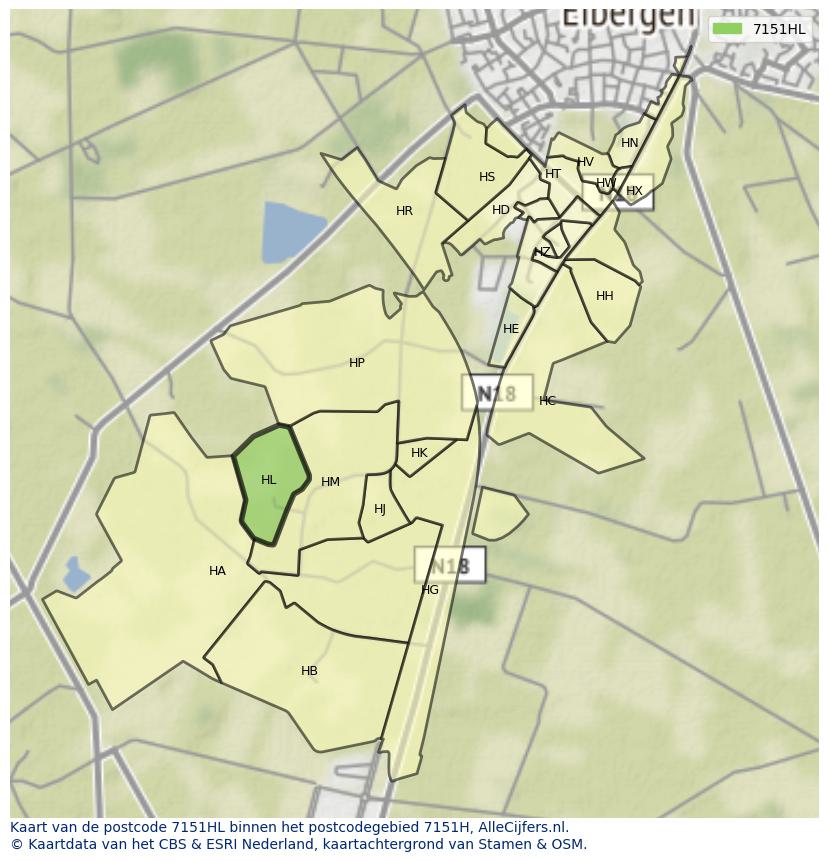 Afbeelding van het postcodegebied 7151 HL op de kaart.