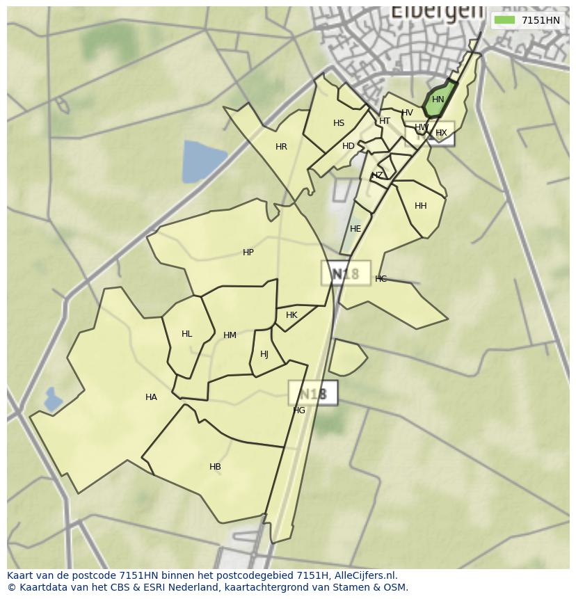 Afbeelding van het postcodegebied 7151 HN op de kaart.