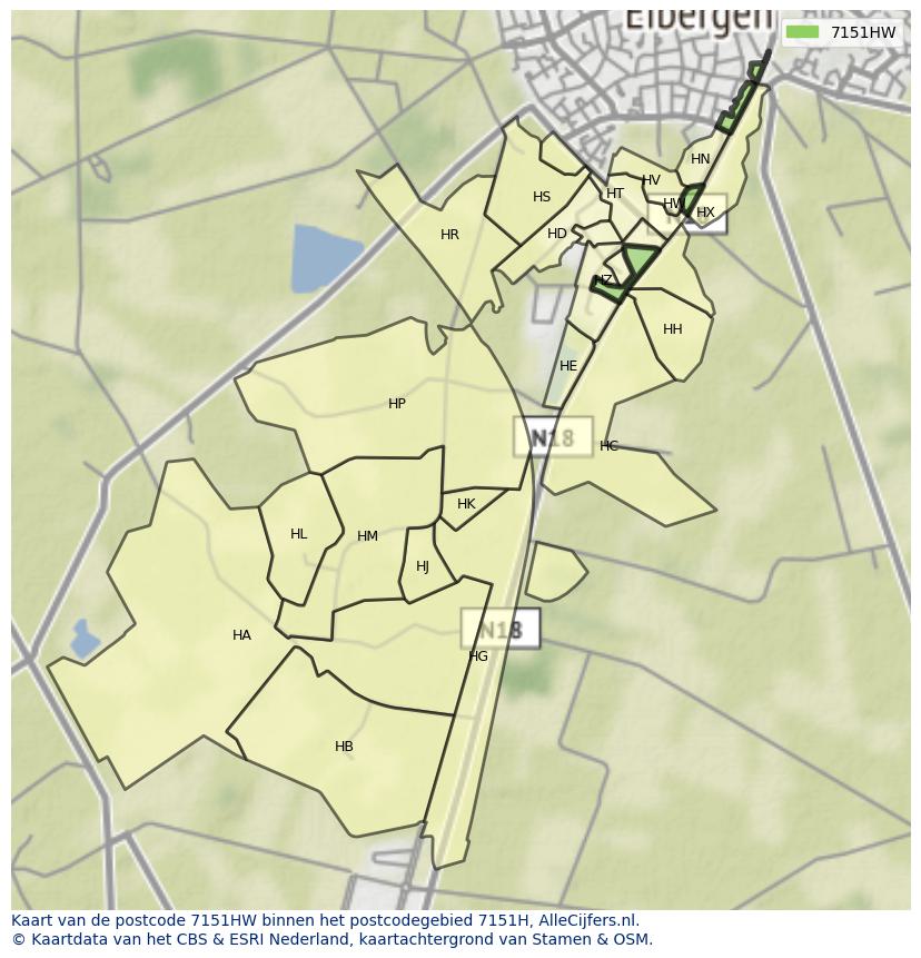Afbeelding van het postcodegebied 7151 HW op de kaart.