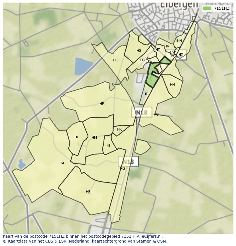 Afbeelding van het postcodegebied 7151 HZ op de kaart.
