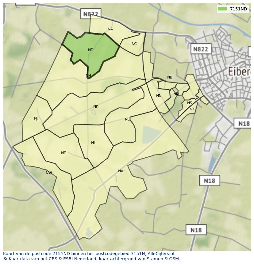 Afbeelding van het postcodegebied 7151 ND op de kaart.