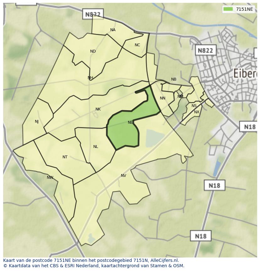 Afbeelding van het postcodegebied 7151 NE op de kaart.