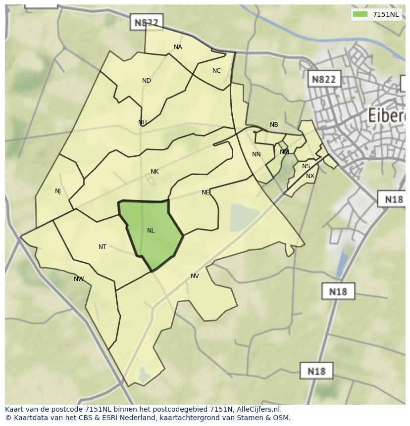 Afbeelding van het postcodegebied 7151 NL op de kaart.