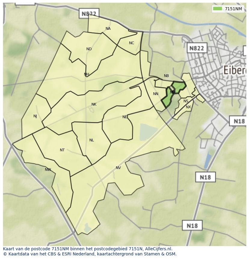 Afbeelding van het postcodegebied 7151 NM op de kaart.