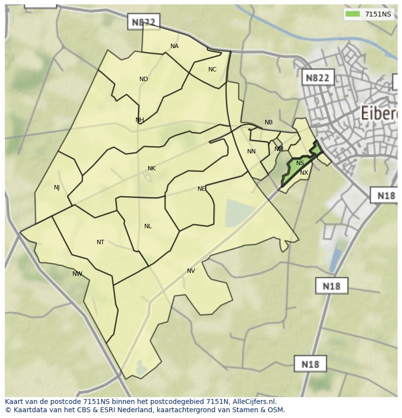 Afbeelding van het postcodegebied 7151 NS op de kaart.