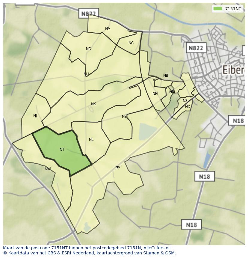 Afbeelding van het postcodegebied 7151 NT op de kaart.