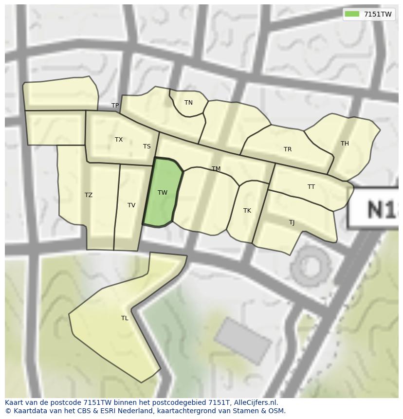 Afbeelding van het postcodegebied 7151 TW op de kaart.
