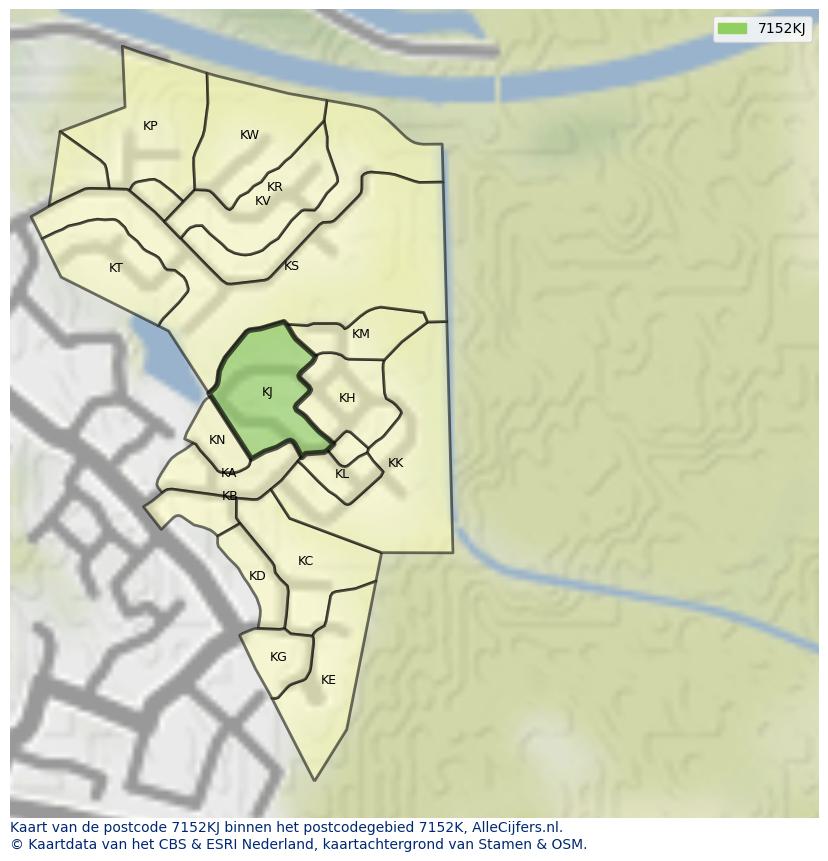 Afbeelding van het postcodegebied 7152 KJ op de kaart.