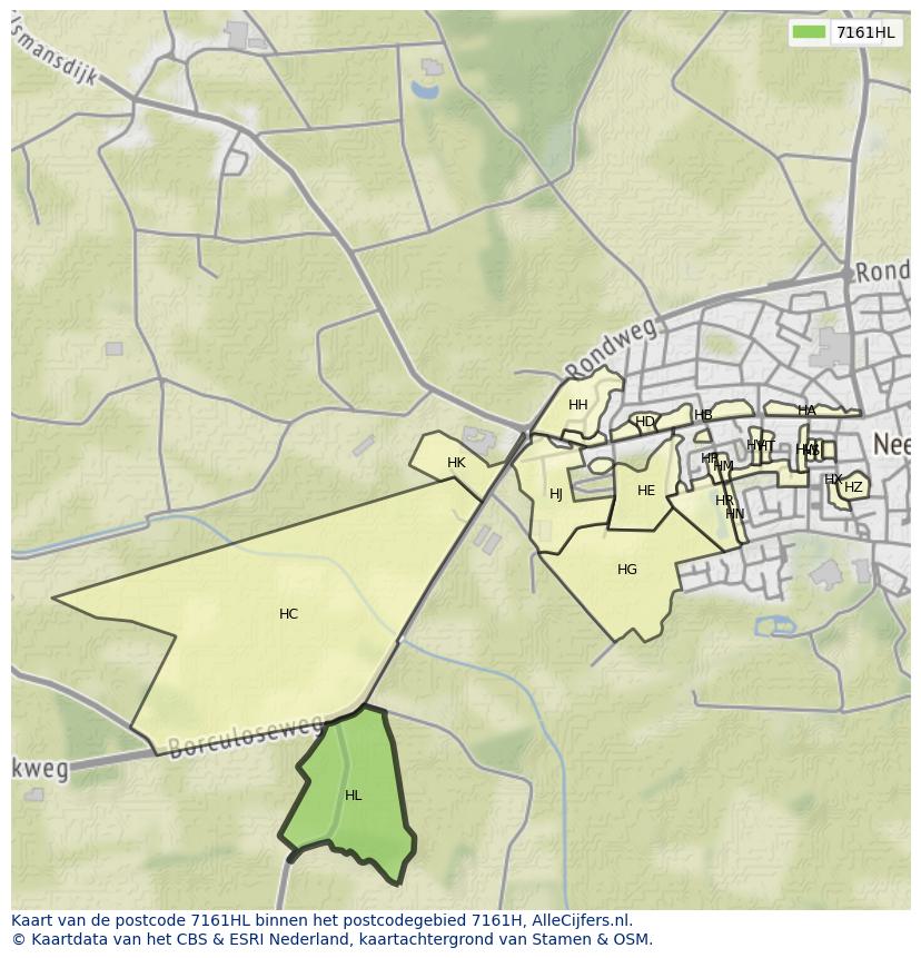 Afbeelding van het postcodegebied 7161 HL op de kaart.
