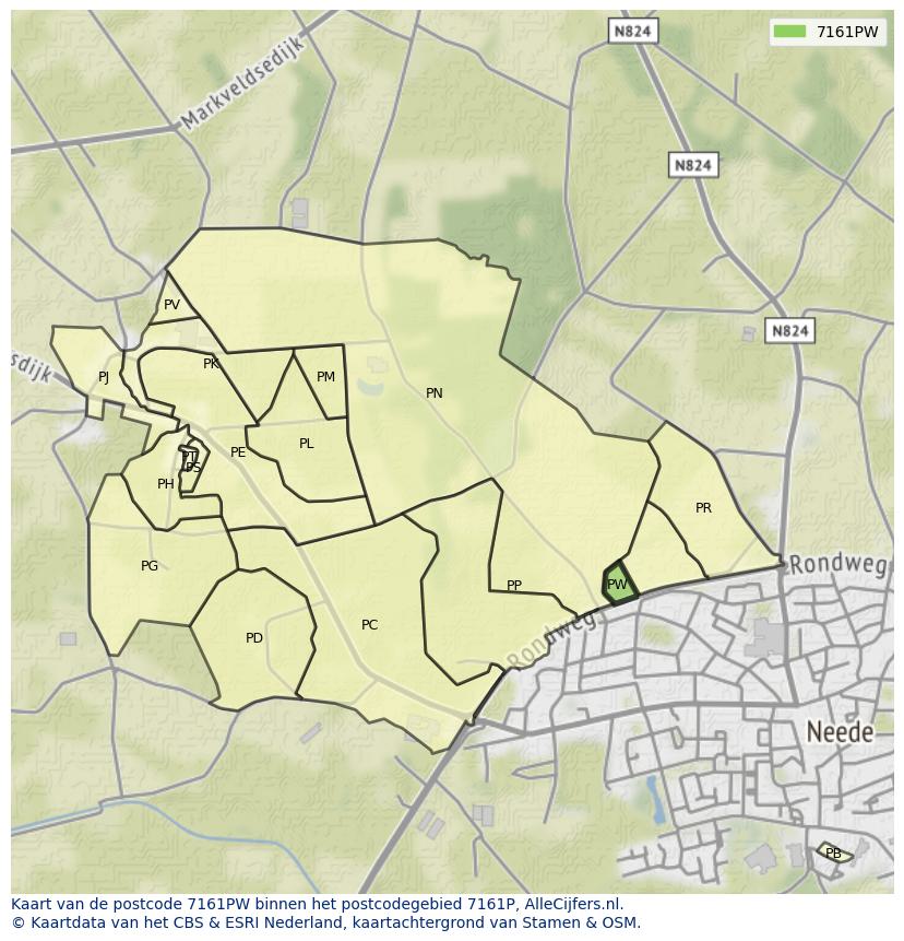 Afbeelding van het postcodegebied 7161 PW op de kaart.