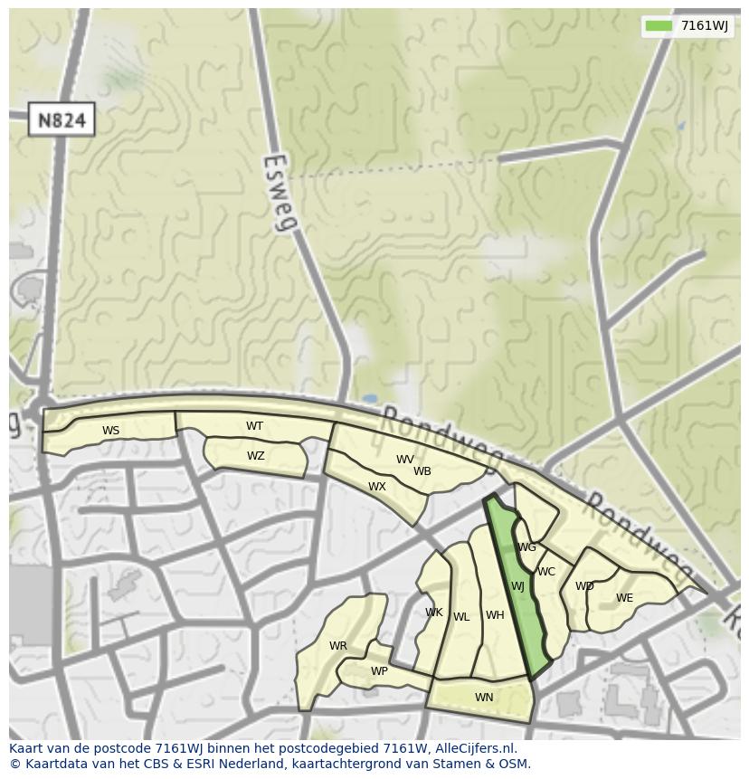 Afbeelding van het postcodegebied 7161 WJ op de kaart.