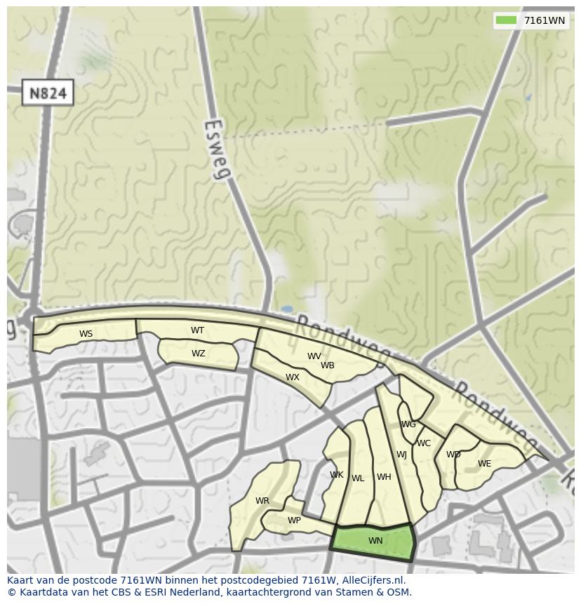 Afbeelding van het postcodegebied 7161 WN op de kaart.