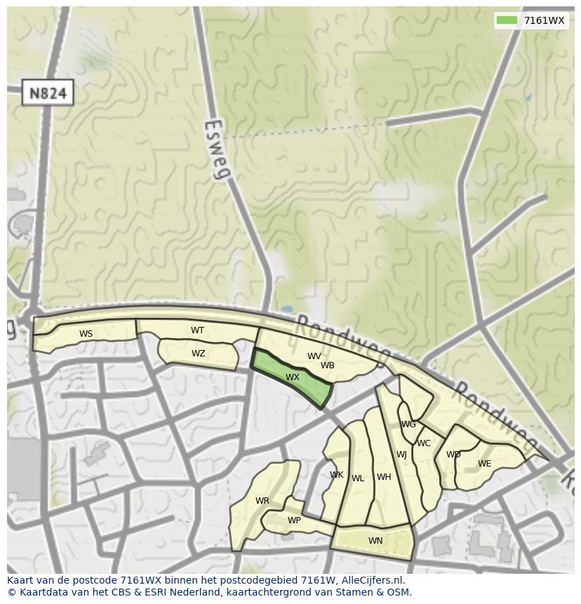 Afbeelding van het postcodegebied 7161 WX op de kaart.