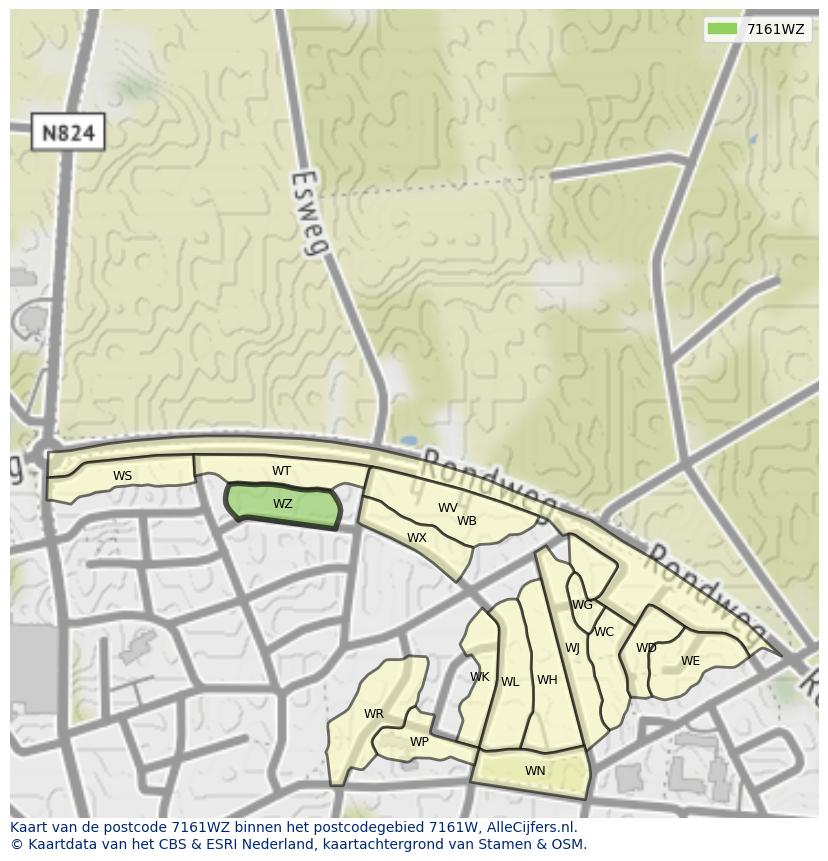 Afbeelding van het postcodegebied 7161 WZ op de kaart.