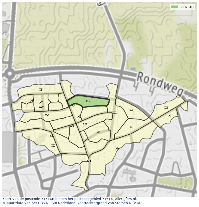 Afbeelding van het postcodegebied 7161 XB op de kaart.