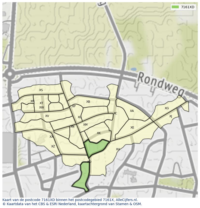 Afbeelding van het postcodegebied 7161 XD op de kaart.