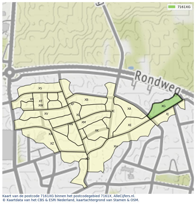 Afbeelding van het postcodegebied 7161 XG op de kaart.