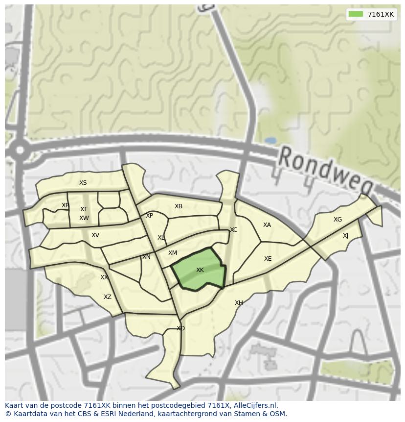 Afbeelding van het postcodegebied 7161 XK op de kaart.