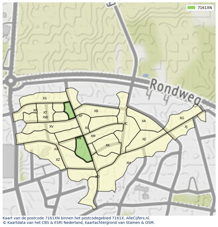 Afbeelding van het postcodegebied 7161 XN op de kaart.