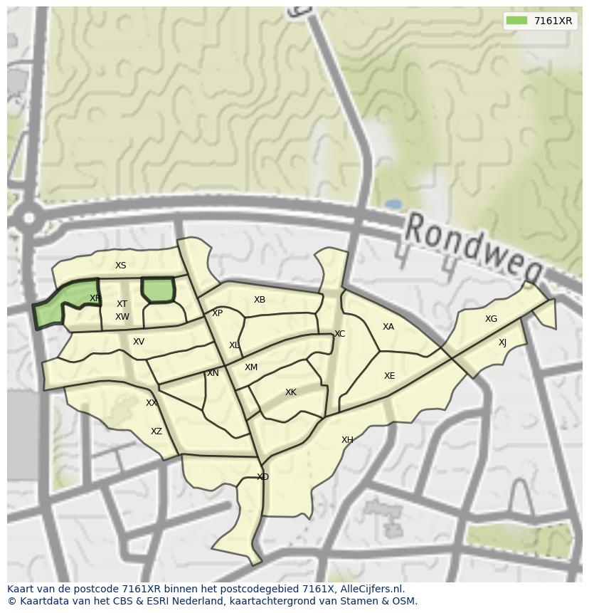 Afbeelding van het postcodegebied 7161 XR op de kaart.