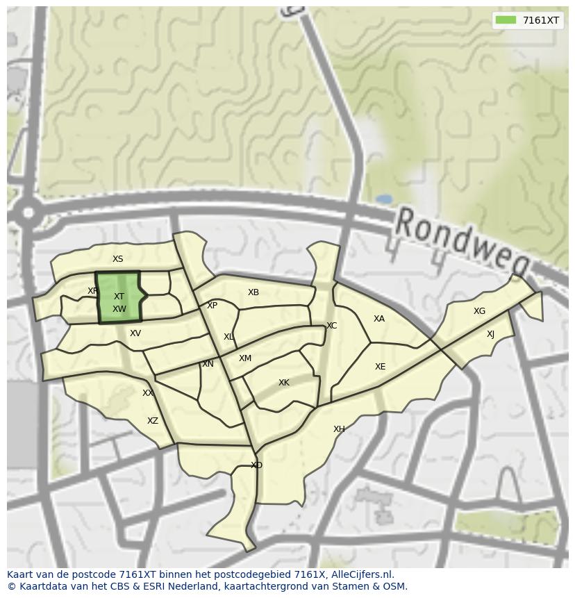 Afbeelding van het postcodegebied 7161 XT op de kaart.