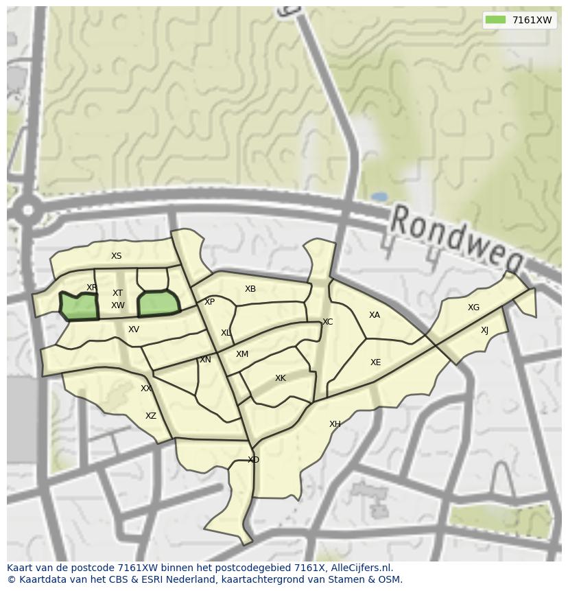 Afbeelding van het postcodegebied 7161 XW op de kaart.