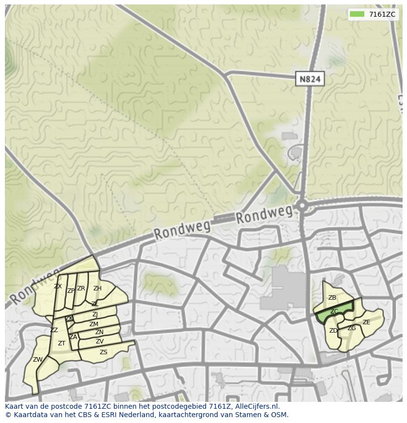 Afbeelding van het postcodegebied 7161 ZC op de kaart.