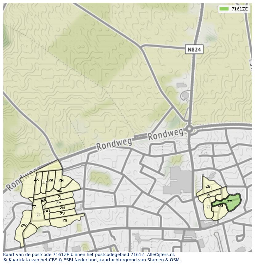 Afbeelding van het postcodegebied 7161 ZE op de kaart.