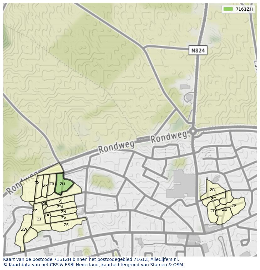 Afbeelding van het postcodegebied 7161 ZH op de kaart.
