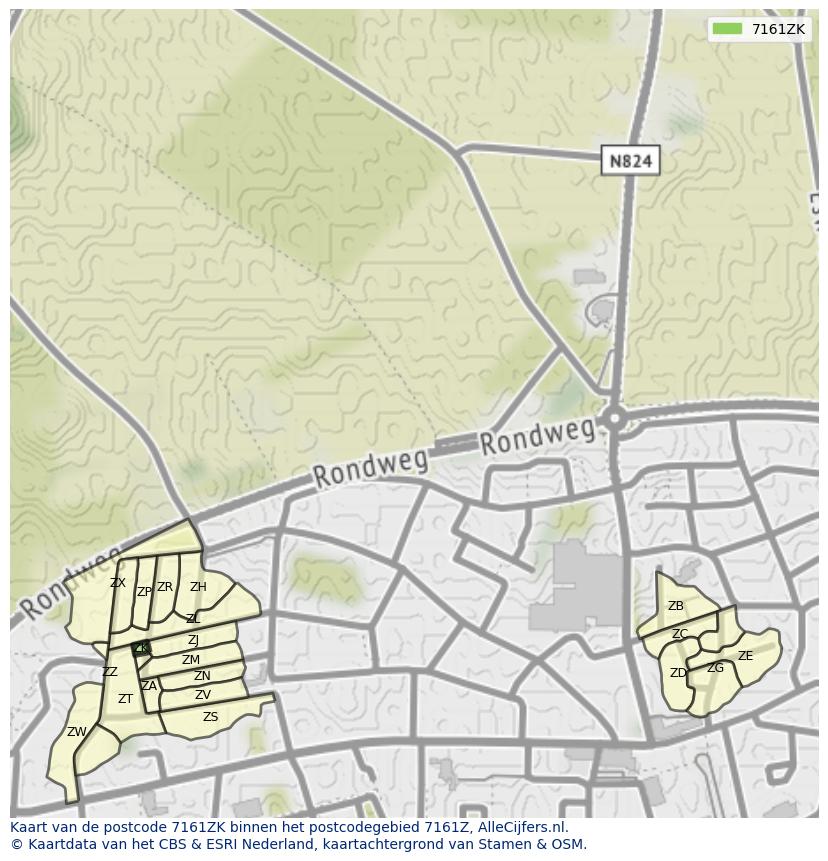 Afbeelding van het postcodegebied 7161 ZK op de kaart.